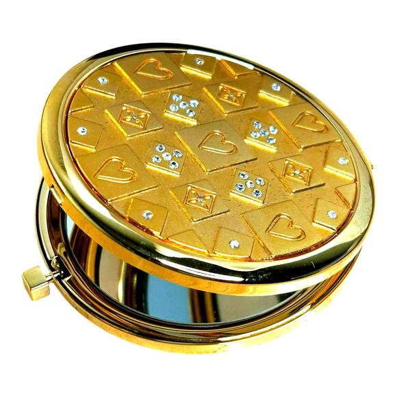 Neiman Marcus Gold Tone Hearts Rhinestone Accent Compact Mirror in Box - Picture 2 of 9